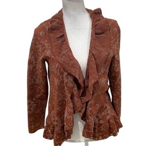 NWT Chico’s burnout cardigan sweater pattern rich mahogany ruffle collar medium